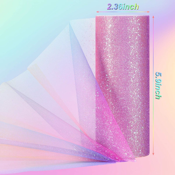 6 tum x 10 meter regnbågsglitter tyllbandrullar gradient tyll nät tyg spole glitter sortiment för bordsstol rosett tutu kjol sömnad 2 rulle