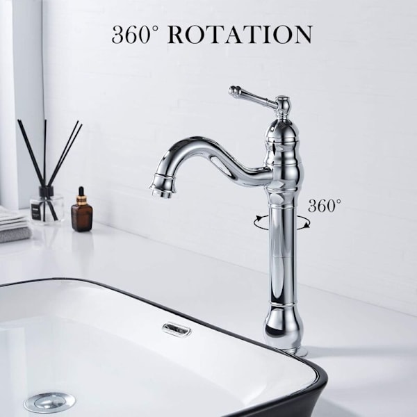 360° Roterbar Hög Blandare Badrum Handfat Blandare Badrumskran Enkelhålsspak Handfatsblandare, Krom