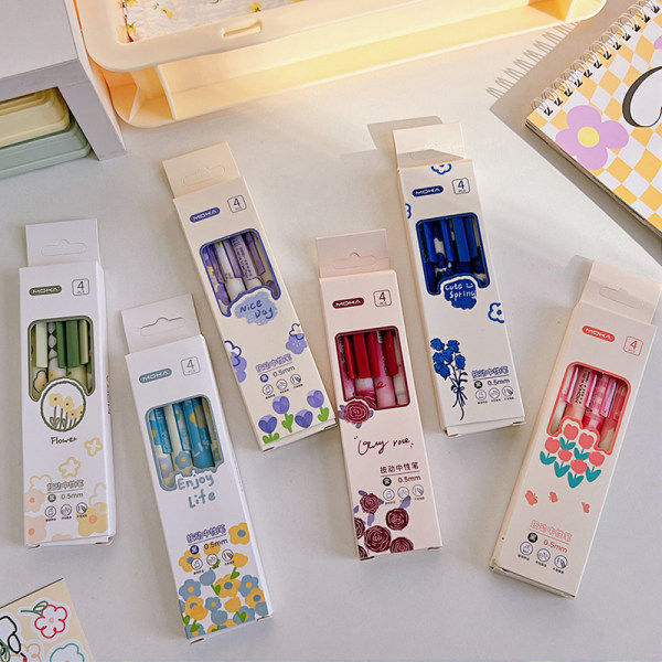 4 stk. Gel Pen Enkel Candy Farve Indtrækkelig 0,5 mm Sort Blæk Sig A1