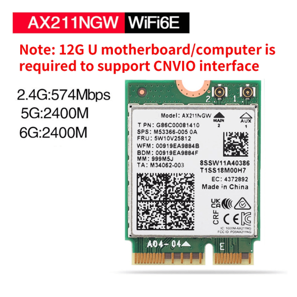 WiFi 6E 5374M AX211 AX211NGW CNVio2 M2 Trådløst kort Bluetooth-kompatibel 5.3 Tri-Band WiFi6E Netværksadapter