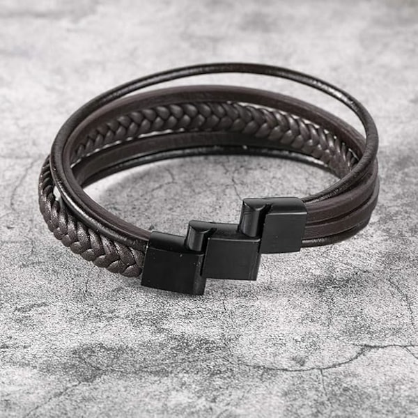 Läderarmband för män i rostfritt stål, justerbart, svart eller brunt, magnetlås