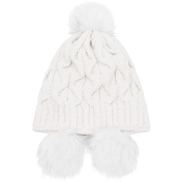 Strikket hue til kvinder, varm vinterhue med Pom Pom Bobble-hue stil med vindtæt ørevarmer (hvid)