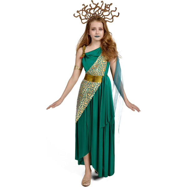 Medusa-kostym för flickor, grön Medusa-kostym med Medusa-huvudbonad för Halloween-klädsel Large (10-12 yrs)