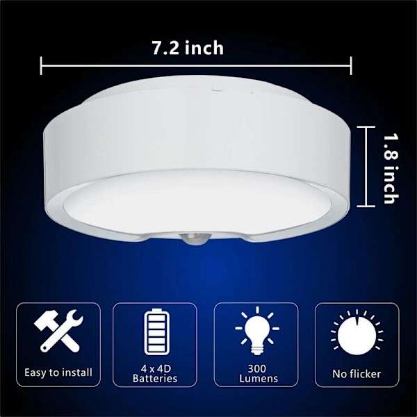 LED-taklampa med rörelsesensor, 19 cm 300LM Batteridriven för inomhusbruk