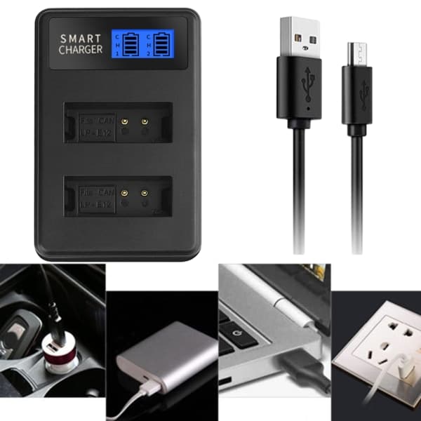 LP E12 Batterilader LCD Display, Dobbelt USB Opladning til Canon EOS M, EOS M2