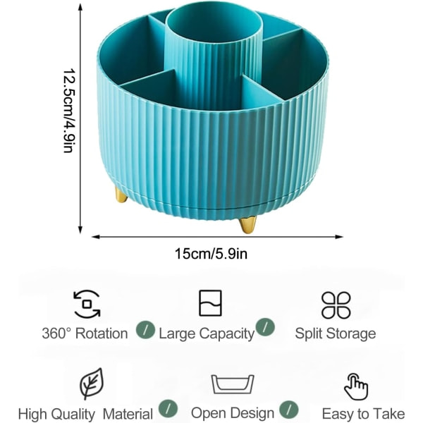 360° Roterende Makeup Organizer Sminkbørsteholder med 5 rum til kosmetik Parfumesmykker til Sminkbord Soveværelse Badeværelse, Blå