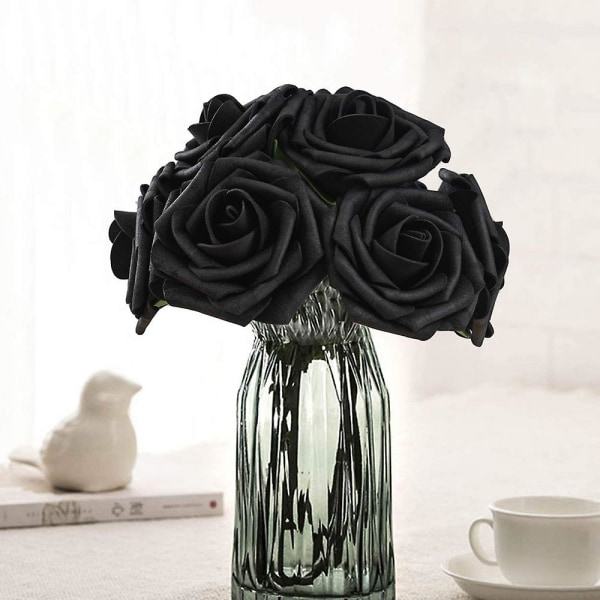 Kunstige blomster 25 stk falske roser med stilke og 2 blade til bryllupsbuketter til gør-det-selv festdekoration sort black