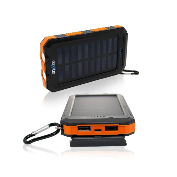 Solar PowerBank 10000mAh Dubbel USB Batteriladdare Ficklampa Kompass - Oransje