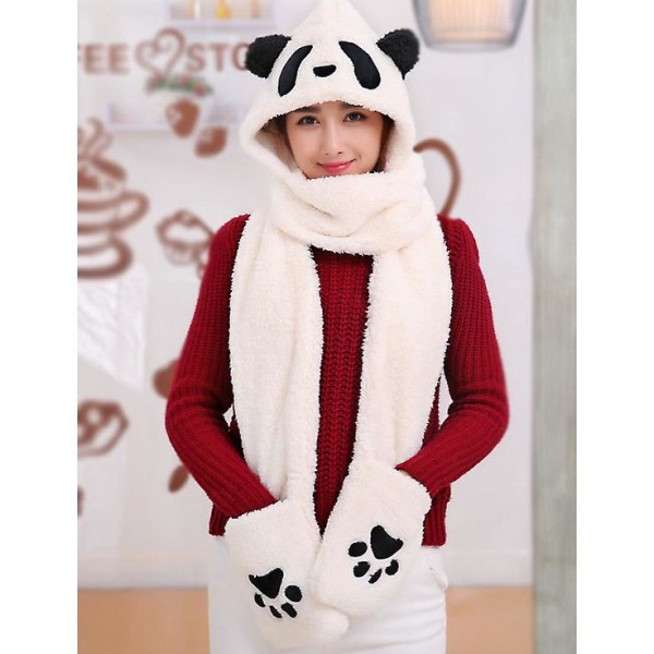 Vinter Panda Hat Scarf Handske Set For Women, lämmin Naisten Siames Hoodie