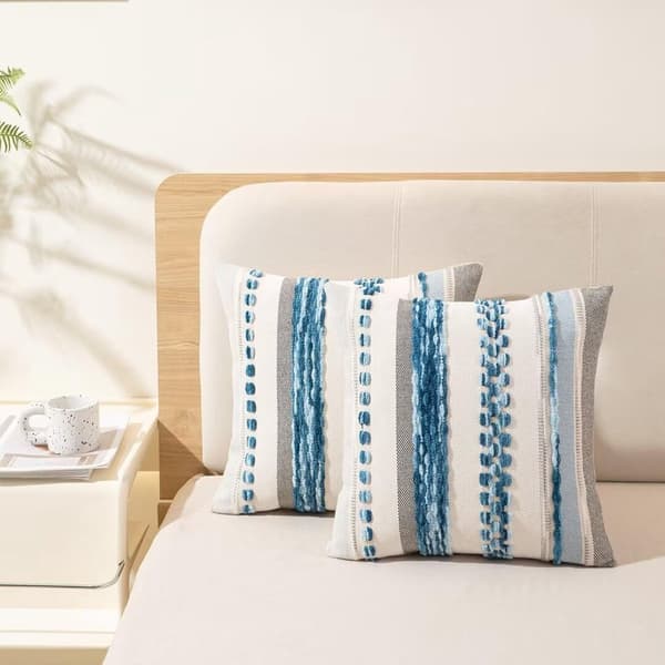 Dekorative pudebetræk, stribet polyester med lynlås, bondegårdsstil til sofa, soveværelse, himmelblå, 45 x 45 cm, sæt med 2
