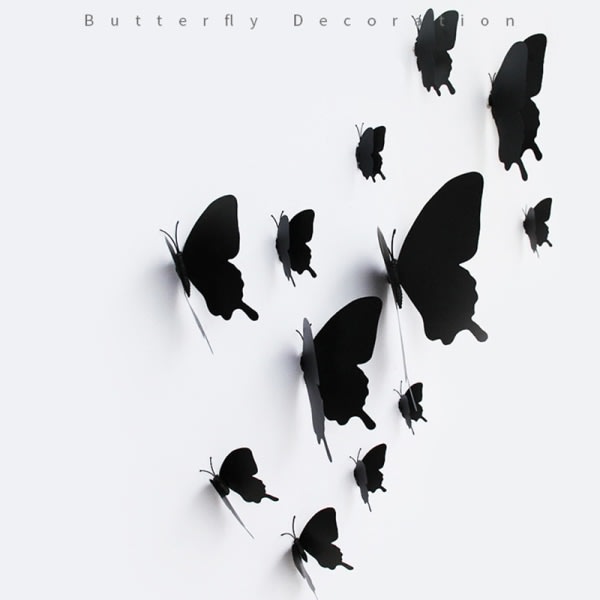 12./ set 3D svart Pteris Butterfly Väggdekal Butterflies Ma Black onesize Black onesize
