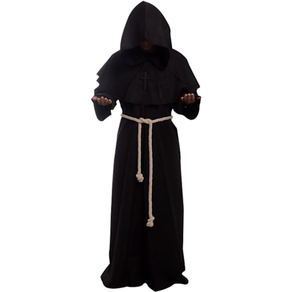 Klostermunk middelaldermunk med hette renessanseprest rockkostyme cosplay Black M