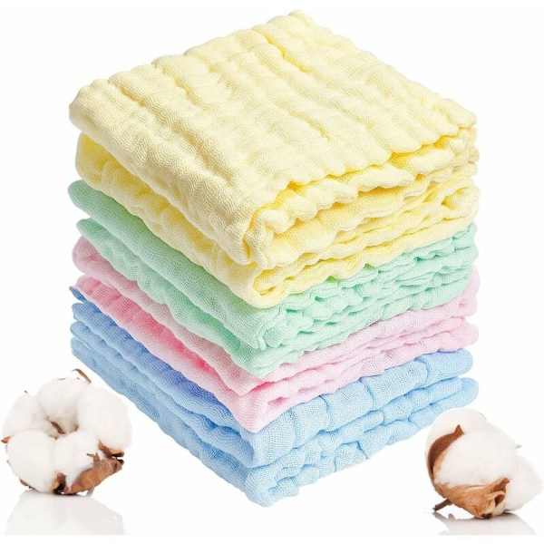 8 st mjuka tvättlappar i bomullsmuslin för baby ansikte händer kropp 25x25cm