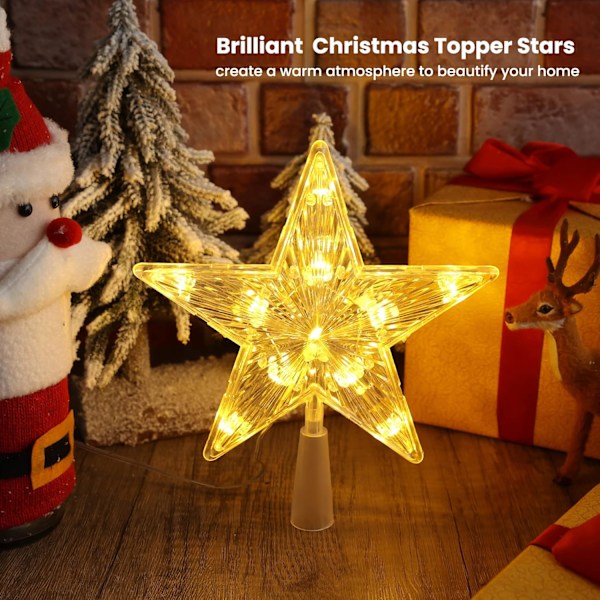 Topper juletre stjerne, 11 LED 19,4 cm julestjerne juletre varmt hvitt batterilys juledekorasjon pentagram lampe varm vit 11 LED