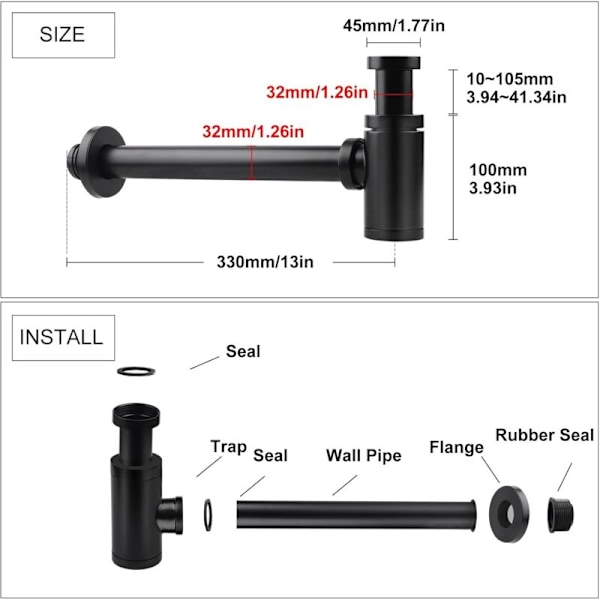 Universal Svart Vannlås Rør Vannlås Rustfritt Stål Sifon 1 1/4 x 32mm Baderomsvannlås Metallrør Vannlås Justerbar Vannlås Anti Lukt