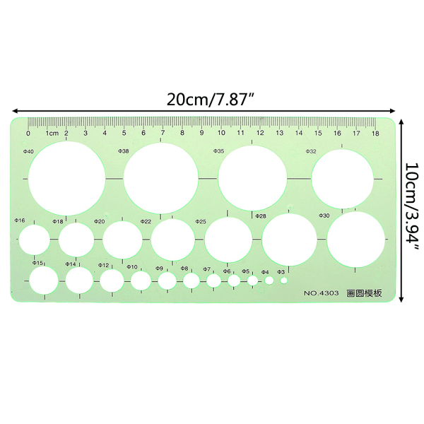 Grön plast cirklar geometrisk mall linjal stencil mätverktyg studenter