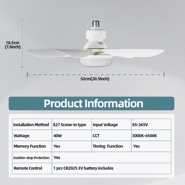 LED 40W takfläkt med fjärrkontroll för dimning, lämplig för vardagsrum, studierum, hushållsbruk, 85-265V white 42cm