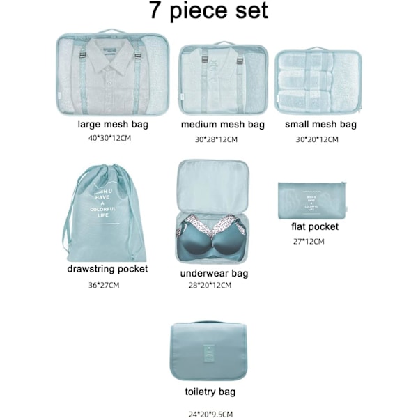 Pakke Cubes til Kuffert, 7 stk. Rejsebagage Pakkeorganisatorer Vandafvisende Rejsetaske Tøj Sko Kosmetik Toiletartikler Opbevaringsposer navy blue