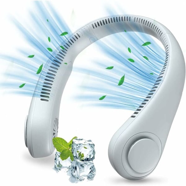 Bærbar håndfri halsventilator med USB, 1200mAh batteri, 3 hastigheder, 360° justerbar, støjsvag, hvid