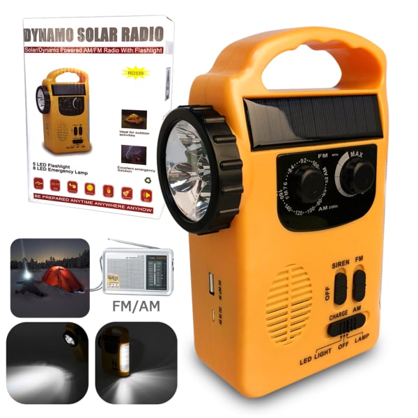 Nödradio med handvev, solpanel och LED-lampa