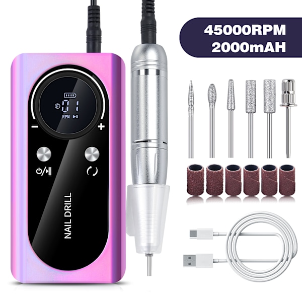 Bärbar Elektrisk Nagelfil, 45000 RPM, Uppladdningsbar, Lila Purple