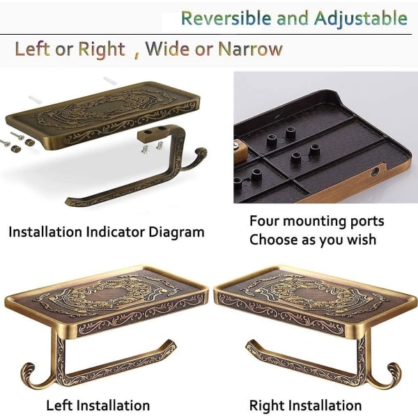 Toalettpapirholder i bronse, Toalettpapirholder i antikk messing, Premium veggmontert toalettpapirholder med hyller og kroker