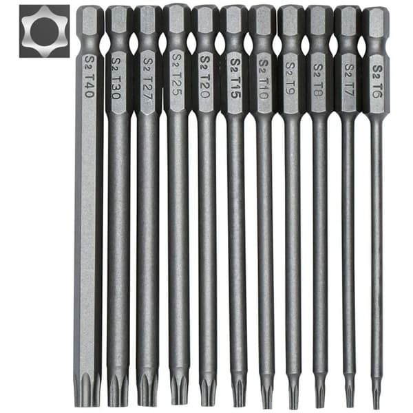 11 Dele Langt Torx Skruetrækkerbitsæt - Magnetiske Bits - 1/4\" Hex Skaft - Størrelser T6 til T40 - 100mm Længde