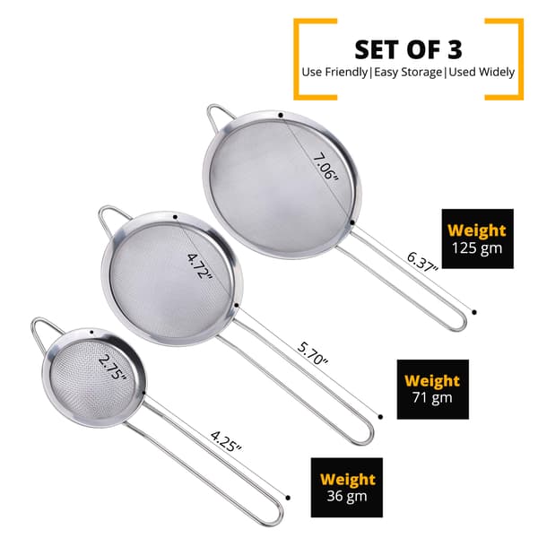 Finmaskigt silset, kökssilar i rostfritt stål för bakning, matlagning, te och kaffe, 3-pack