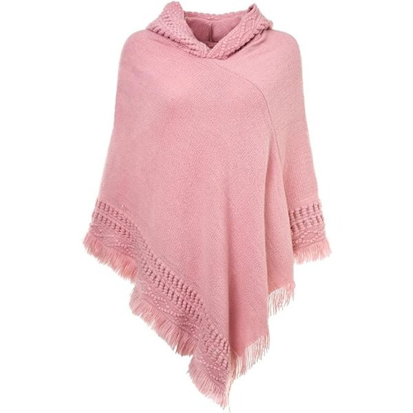 Stilfuld Varm Hæklet Poncho Cape med Hætte (Pink) til Efterår Vinter Kvinder