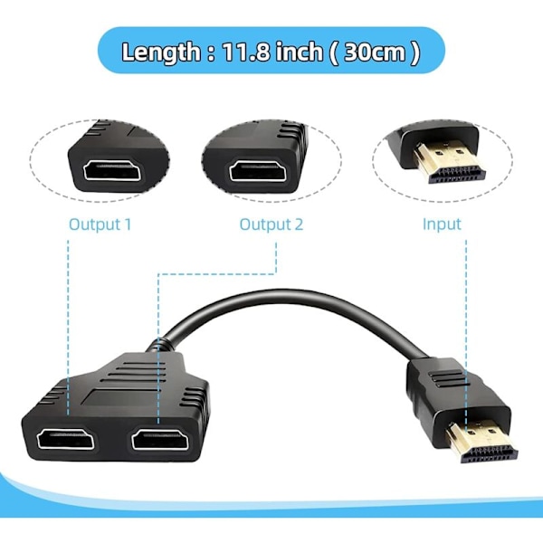 HDMI Splitter 1 Han til 2 Hun Adapter, 1m Kabel til DVD/HDTV/LCD Skærm & Projektorer