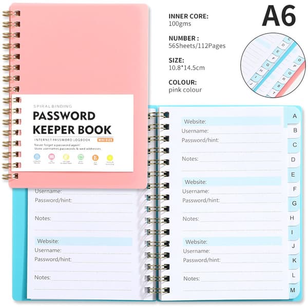Adgangskodebog, A-Z alfabetisk indeks, Logbog til hjemmesideadgangskoder med noter og sikkerhedsguide til flere konti, Pink, A6