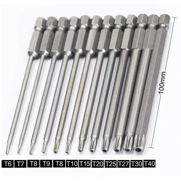 11 Dele Langt Torx Skruetrækkerbitsæt - Magnetiske Bits - 1/4\" Hex Skaft - Størrelser T6 til T40 - 100mm Længde NPTERBL