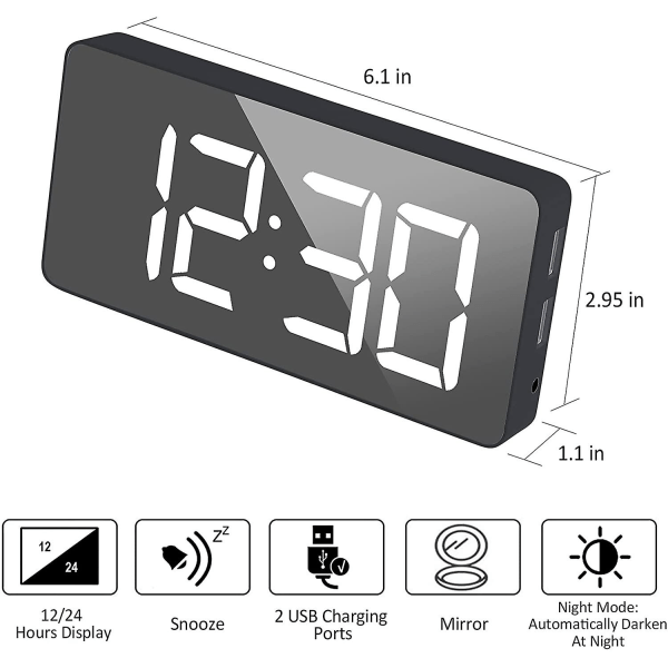 Ny stil Digital vækkeur Stor Spejlet Led Ur Snooze Funktion Dæmpningstilstand Ved siden af Ur Til Soveværelse Dekoration - Sort