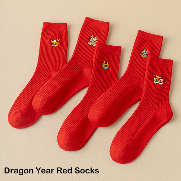 1Par Winter Red Dragon Year Mid Tube Socks Tight Thickened War 4 pairs