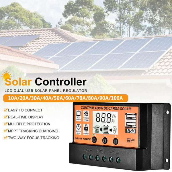 2V/24V Auto Parameter Justerbar Dobbel USB-Port Solcellepanel Batterilading 70A