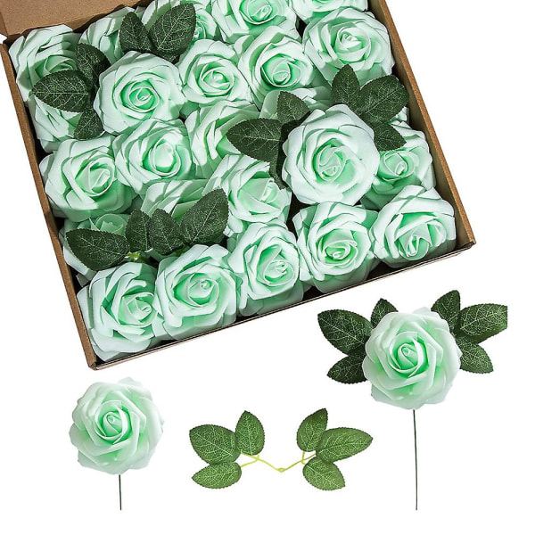 Kunstige blomster 25 stk falske roser med stilke og 2 blade til bryllupsbuketter til gør-det-selv festdekoration grøn green