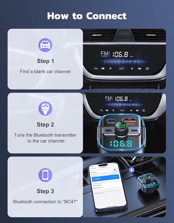 Bluetooth FM-sändare för bil, PD 36W & QC 3.0 snabbladdare med dubbla mikrofoner, handsfreesamtal, brusreducering & batterispänningsdisplay