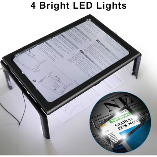 Leselupe med LED-lys, 3x forstørrelse A4 rektangulær