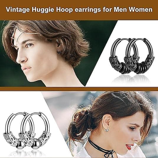 14mm Herre Titanium Stål Hoop Øreringe Sæt - Sort & Sølv, Punk Rock Stil