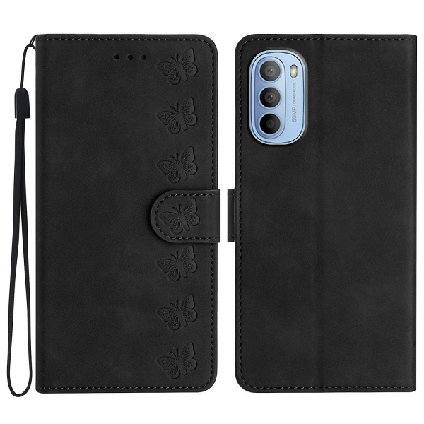 Telefonetui til Motorola Moto G62 5g PU Læder Butterfly Imprimeret Stativskal Pengepung Flip Cover Sort