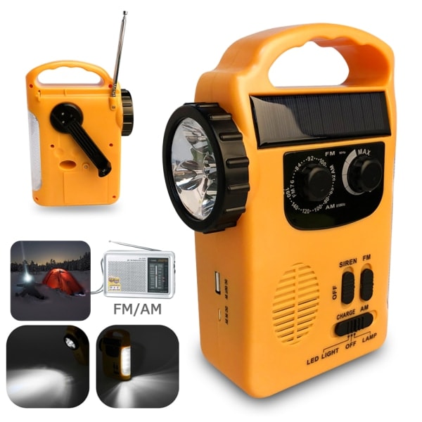 Nödradio med handvev, solpanel och LED-lampa
