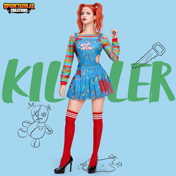 Dukkedukke-kjole til kvinder, regnbue-skjorte-klovn-cosplay-kjole, strømpebåndsskørt og knæstrømper til Halloween-festkostume S M
