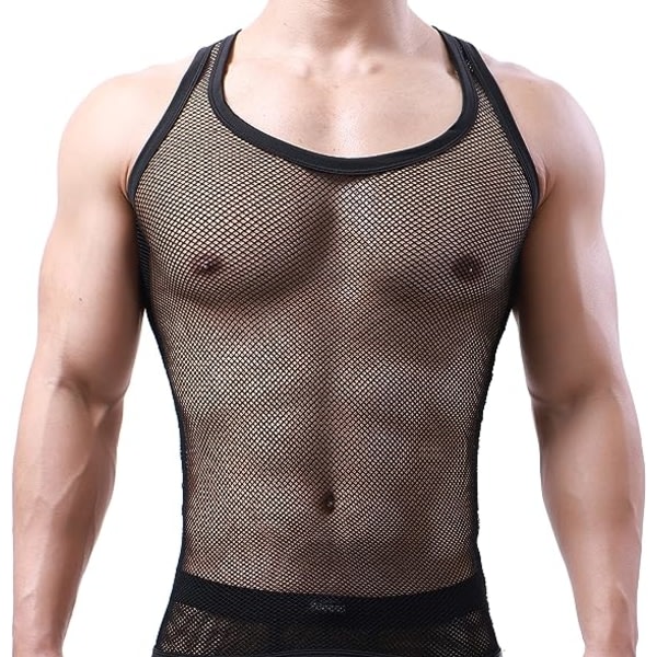 Sexy T-skjorte for menn Mesh Fishnet Ermeløs trøye Cutout Linne Cool (Svart XL)