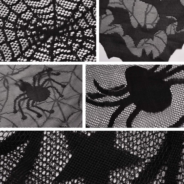 5-pak Halloween Spindel Dekorationssæt - Pejs Scarf & Rundt Cover & Spets Dug & Spindelvæv Lampskærm & 60 stk. Gysende 3D-Fladdermus