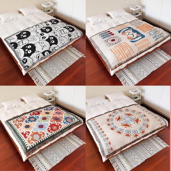 Våffelvävt sofföverdrag med tofsar, vändbart soffskydd i polyester-bomull för 1-4 sitssoffor, maskintvättbart, gult, 180x130 cm