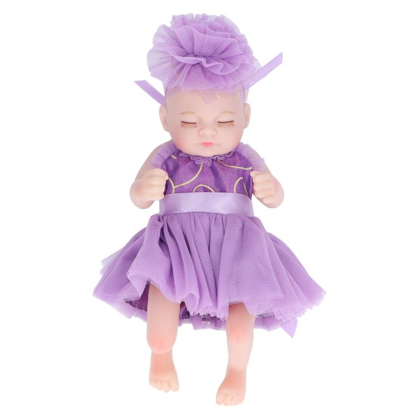 10-tums nyfödd Reborn-docka mjuk silikon verklighetstrogen sovande babydocka leksak med vacker klänning lila kläder