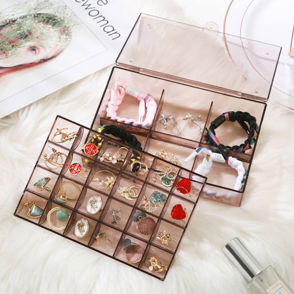 Smyckeskrin örhängen hand smycken örhängen halsband multi-grid bärbar låda dammsäker displayställ Brown 30 grids