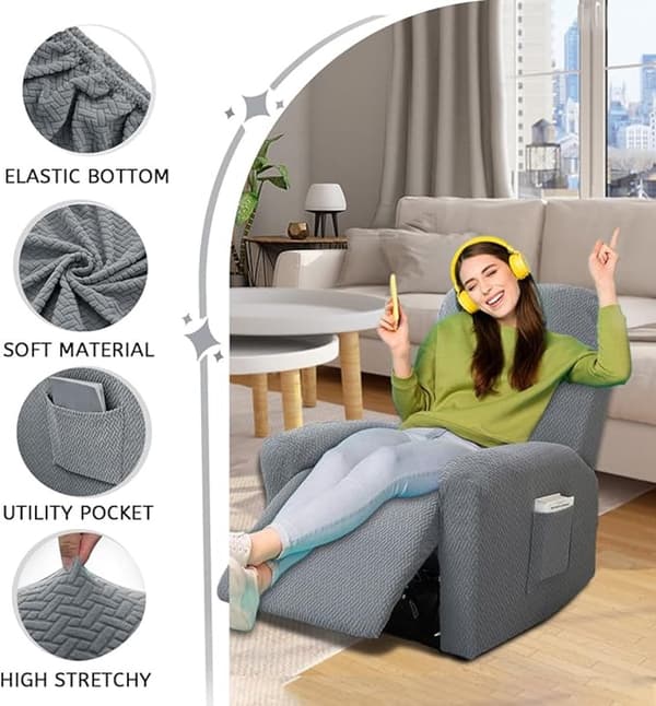 Fåtöljöverdrag 4-delat stretchigt jacquard-överdrag för elektrisk vilstol med sidoficka, elastiskt halkskydd, mörkgrå