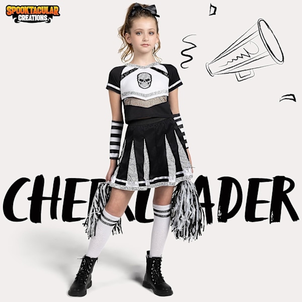 Tyttöjen cheerleader-asu, pelottava cheerleader-asu, pelottava zombi-asu Halloween-naamiaiselle Black and white Small (5-7 yrs)