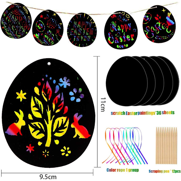 Påskägg skrapa bilder, påskägg skrapa papper hantverk set 36 stycken, skrapa målning barn, för påskdekoration födelsedagsfest present A